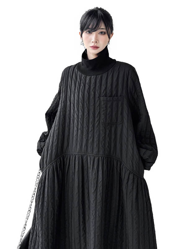 Embossed Pockets Quilted Solid Color Split-Joint A-Line Long Sleeves High Neck Sweater Dresses Midi Dresses