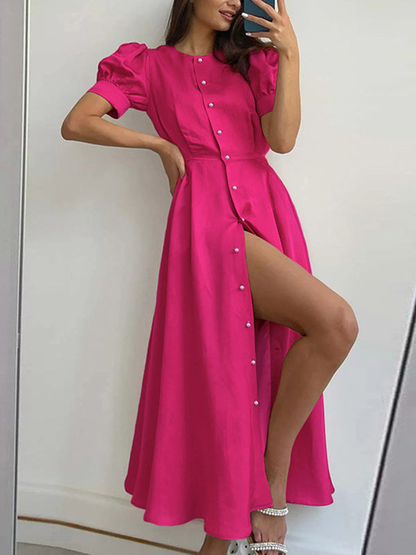 Buttoned Solid Color Puff Sleeves Short Sleeves Round-Neck Shirt Dress Midi Dresses