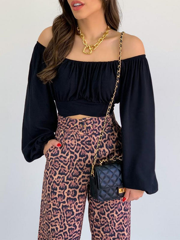 Elasticity Pleated Solid Color Long Sleeves Loose Off-the-shoulder Blouses