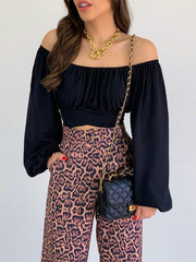 Elasticity Pleated Solid Color Long Sleeves Loose Off-the-shoulder Blouses