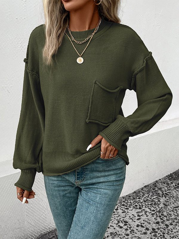 Pockets Solid Color Split-Joint Long Sleeves Loose Round-Neck Sweater Tops Pullovers