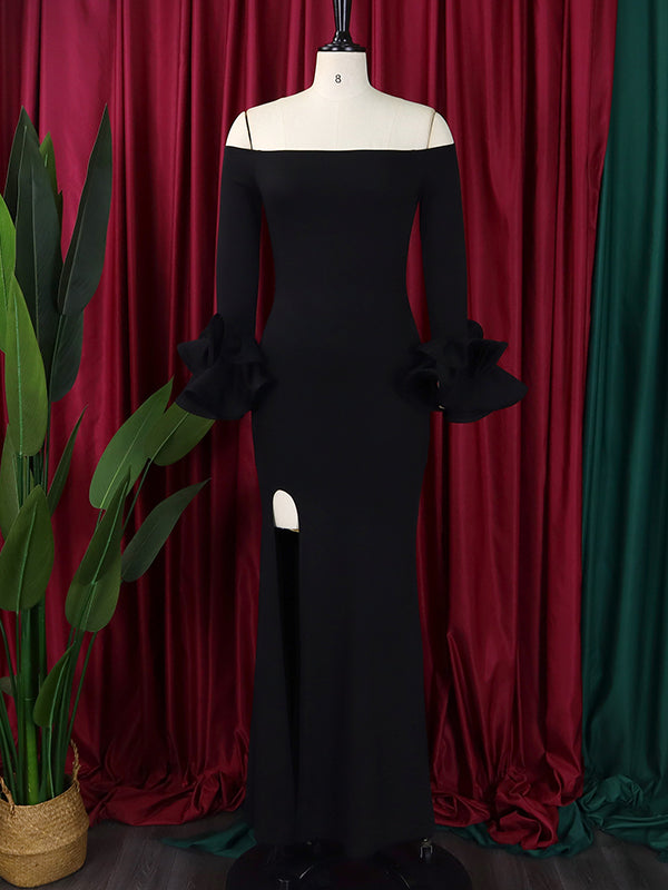 Falbala Solid Color Split-side Bodycon Flared Sleeves Off-the-shoulder Maxi Dresses