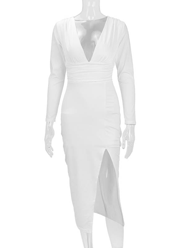Pleated Solid Color Split-Joint Split-Side Bodycon Elasticated Waist Deep V-Neck Midi Dresses