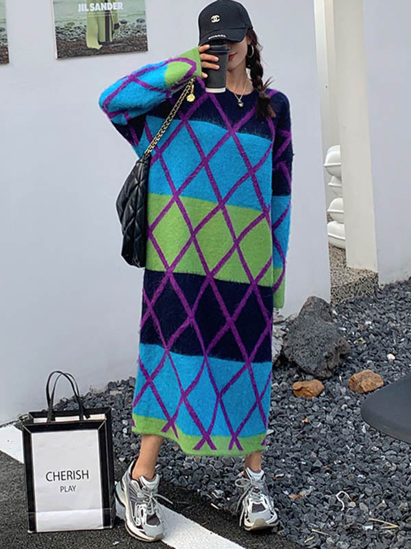 Contrast Color Plaid Split-Joint Long Sleeves Loose Round-Neck Sweater Dresses Midi Dresses