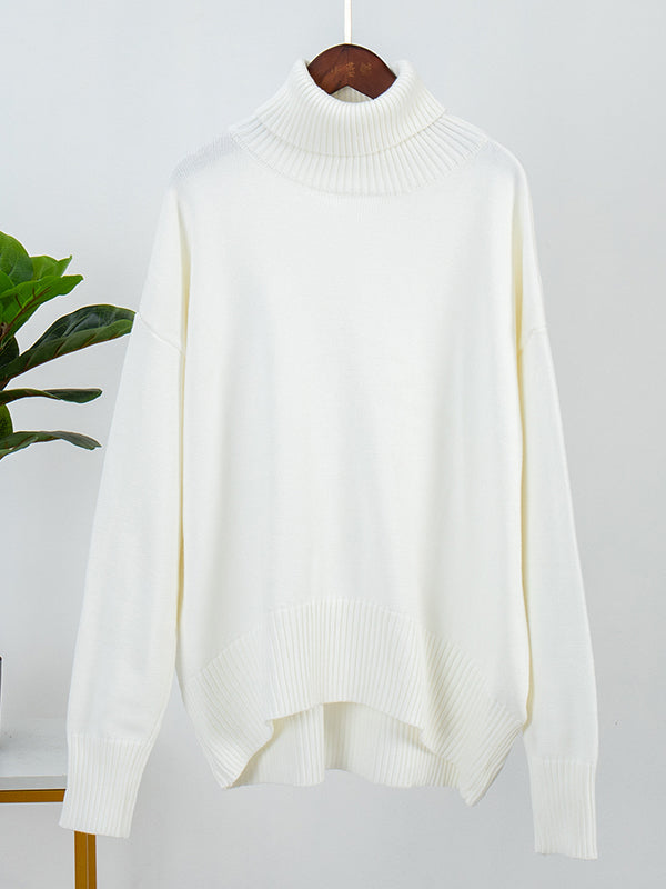 Casual Long Sleeves Loose Solid Color High-Neck Sweater Tops