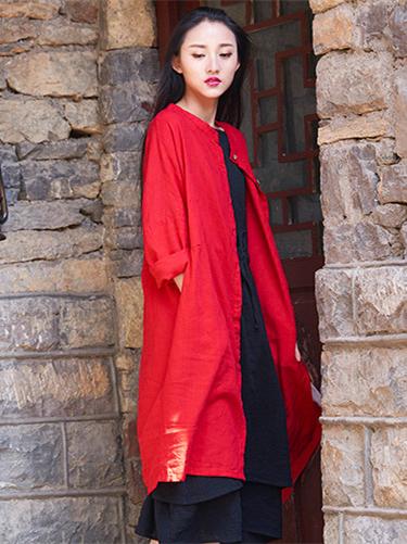 Soft Red Ramie Cotton Linen Cover-up Cardigan