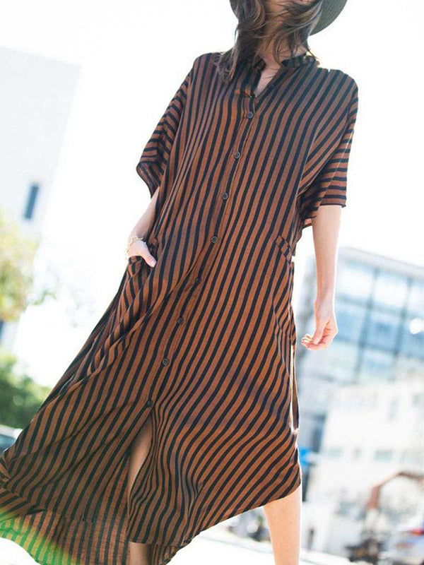 Buttoned Pockets Striped Batwing Sleeves Half Sleeves Round-Neck Maxi Dresses Beach Cover-Up