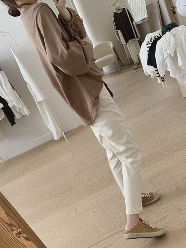 Pleated Solid Color Long Sleeves Loose Round-Neck T-Shirts Tops