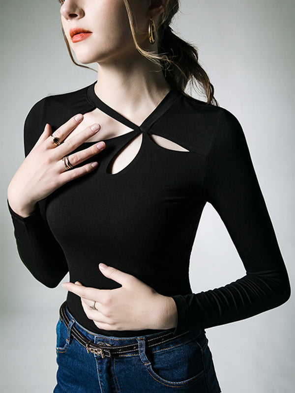 Hollow Solid Color Long Sleeves Skinny Asymmetric Collar T-Shirts Tops