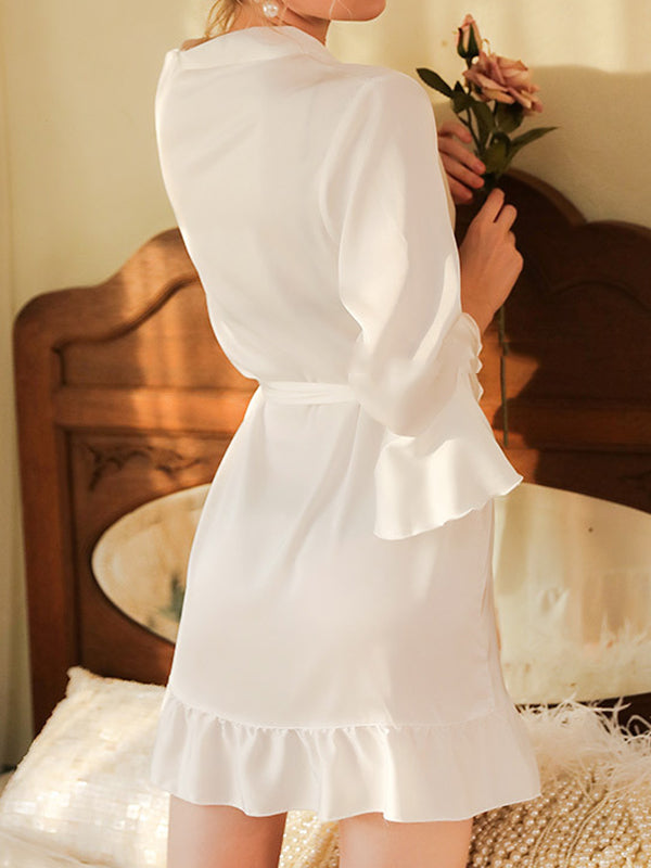 Falbala Ribbed Solid Color Loose V-neck Robes Intimates&Pajamas