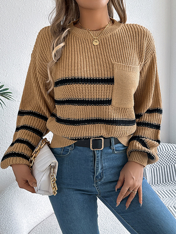 Contrast Color Pockets Split-Joint Long Sleeves Loose Round-Neck Sweater Tops Pullovers