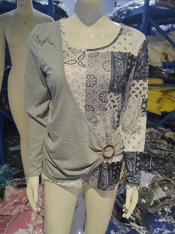 Asymmetric Buckle Contrast Color Pleated Split-Joint Irregularity Long Sleeves Round-Neck T-Shirts Tops
