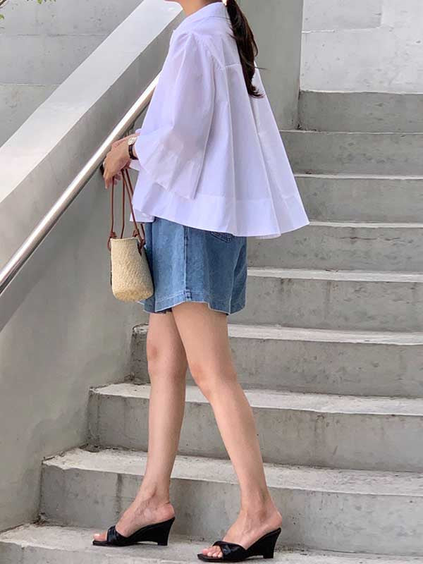 Buttoned Pleated Solid Color A-Line Flared Sleeves Lapel Blouses&Shirts Tops