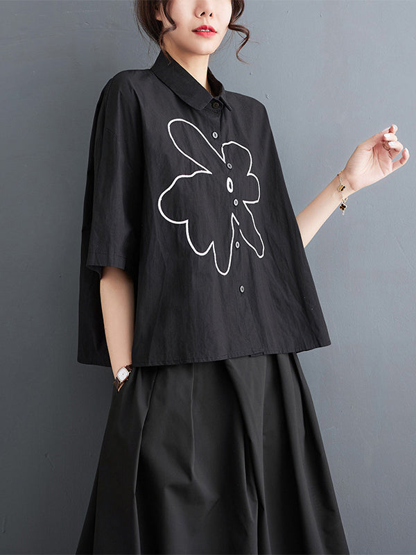 Floral Printed Loose Short Sleeves Lapel Blouses