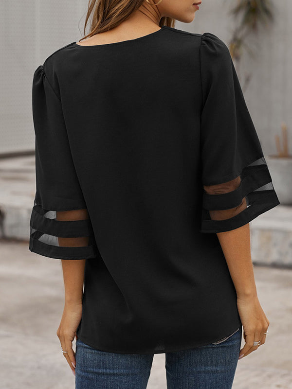 Solid Color Split-Joint Loose V-Neck T-Shirts Tops