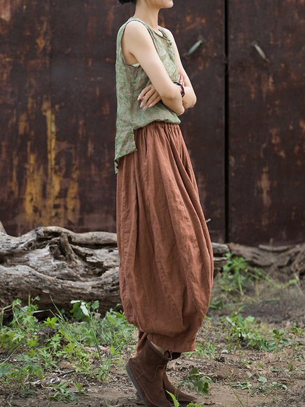 Elasticity Pleated Pockets Solid Color Split-Joint Bloomers Loose Casual Pants Bottoms