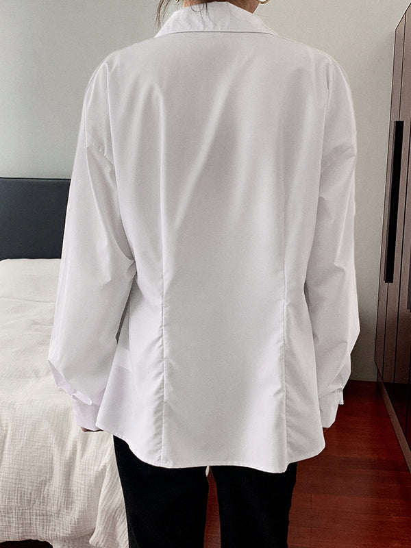 Buttoned Solid Color Long Sleeves Loose Lapel Blouses&Shirts Tops