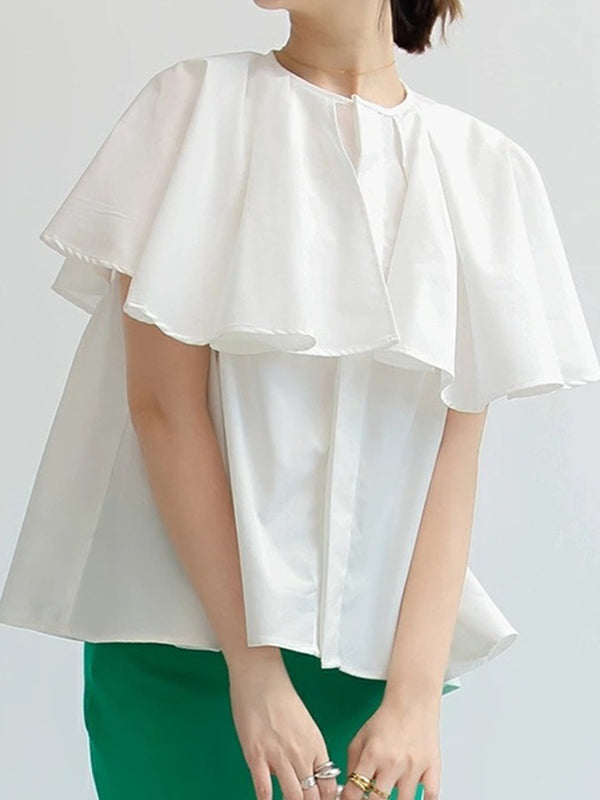 Falbala Loose Short Sleeves Round-neck Blouses&shirts Tops