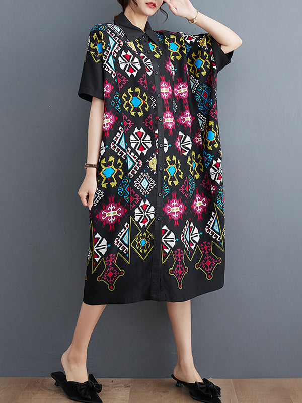 Ethnic Printed Loose Short Sleeves Lapel Midi Dresses