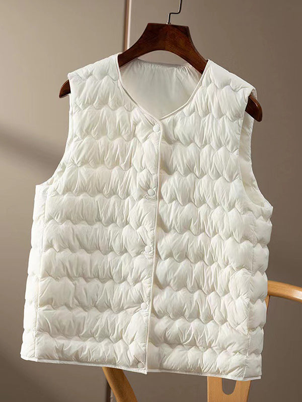 Buttoned Quilted Solid Color Loose Sleeveless Round-Neck Padded Vest