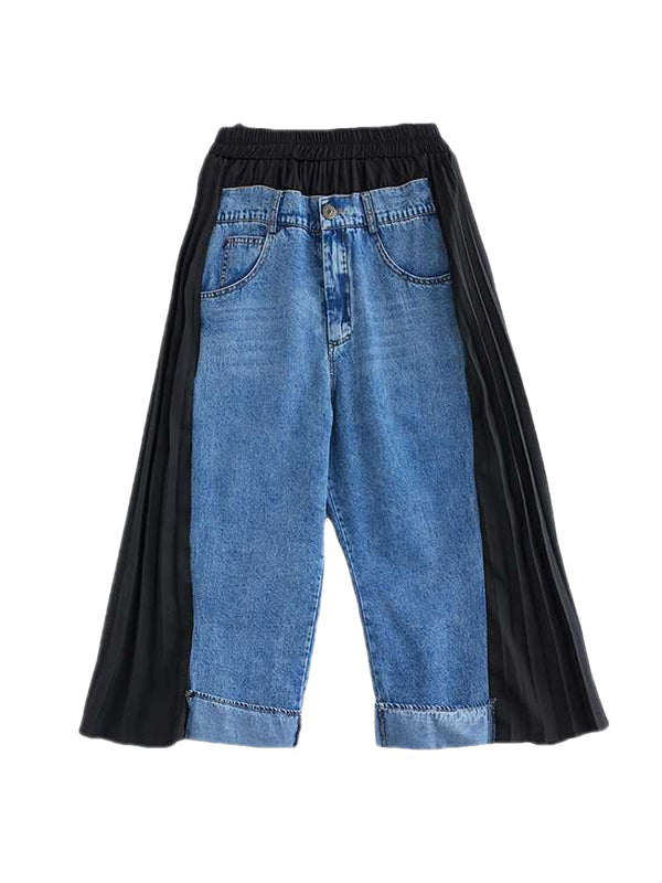 Elasticity Pleated Split-Joint High Waisted Loose Jean Pants Bottoms