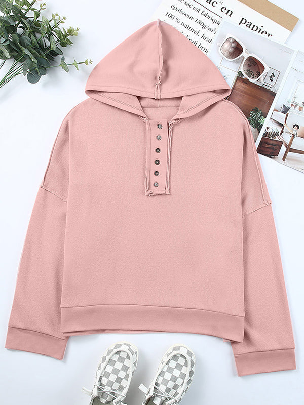 Buttoned Split-Joint Velvet Hooded Long Sleeves Sweatshirt Tops