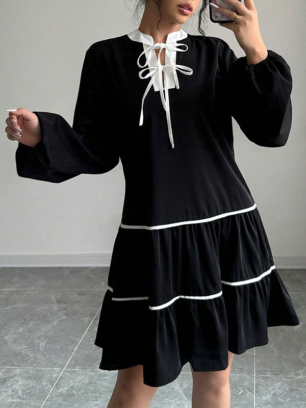 Elasticity Pleated Tied A-Line Long Sleeves V-Neck Mini Dresses