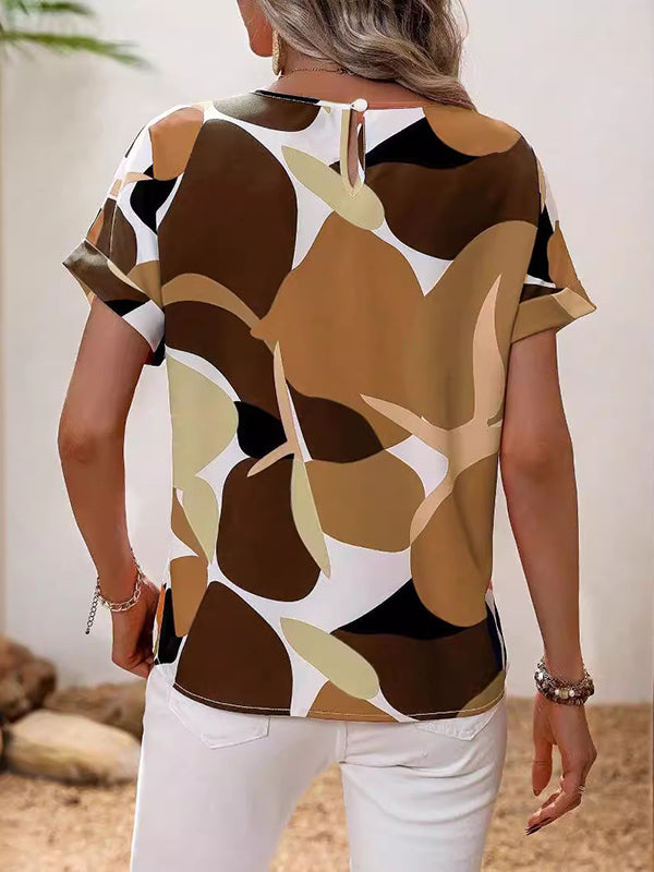Contrast Color Hollow Printed Split-Joint Loose Short Sleeves Round-neck T-Shirts Tops