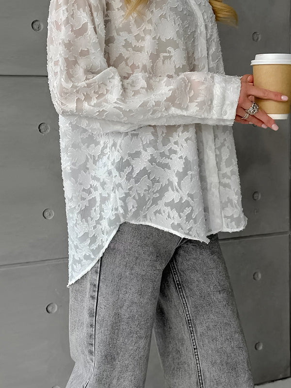 Jacquard See-Through Split-Joint Long Sleeves Loose Lapel Blouses&Shirts Tops