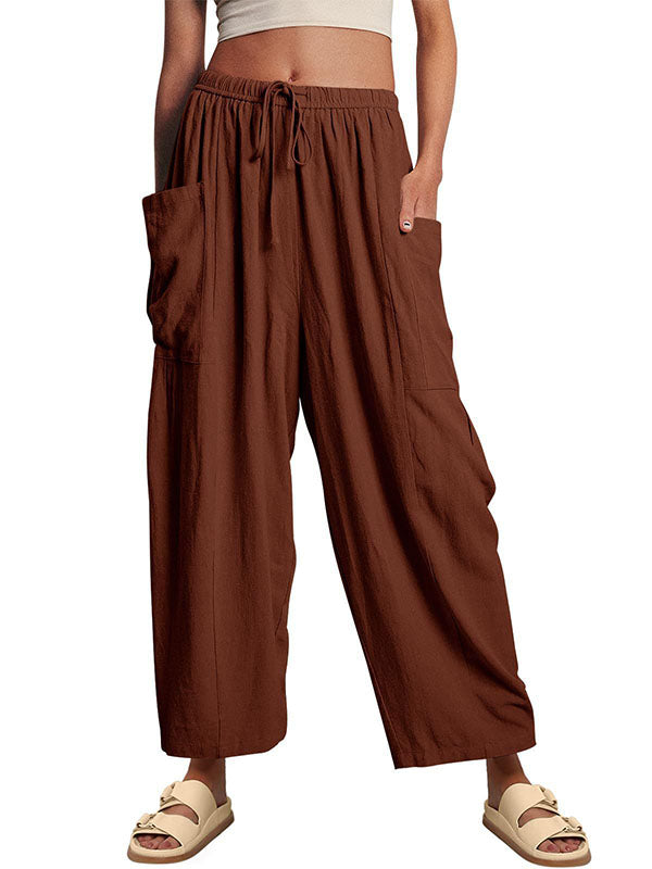 Drawstring Elasticity Pleated Pockets Solid Color High Waisted Loose Trousers Ninth Pants