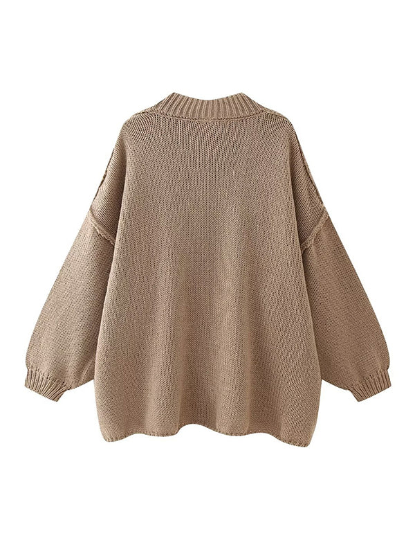 Buttoned Split-Joint Loose Puff Sleeves Round-neck Cardigan Tops