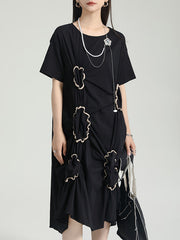 Pleated Pockets Split-Joint A-line High Waisted Round-neck Midi Dresses