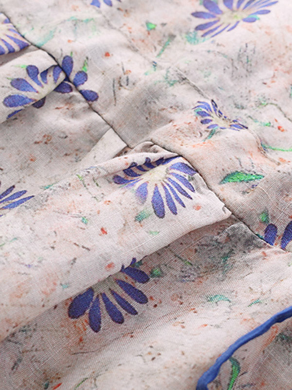 Original Floral Round-Neck Elasticity Waist Midi Dress