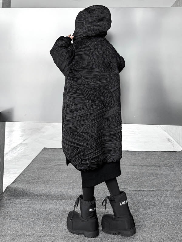 Abstract Printed Contrast Color Split-Joint Zipper High-Low Irregularity Hooded Overcoat Outerwear