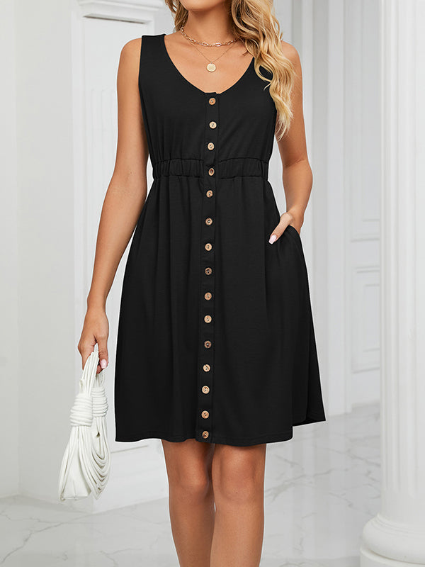Buttoned Elasticity Pleated Pockets Split-Joint A-Line Loose Round-Neck Mini Dresses
