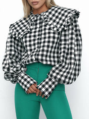 Plaid Long Sleeves Loose Peter Pan Collar Blouses&Shirts Tops