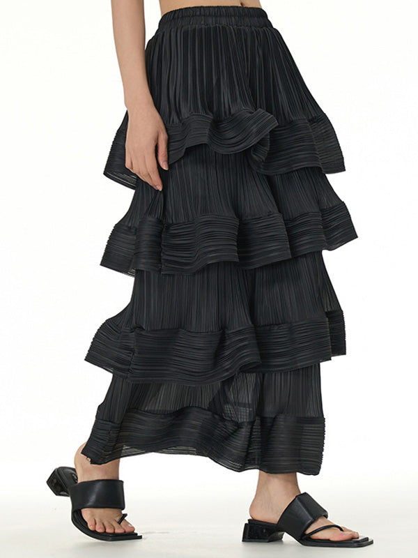 Elasticity Layered Pleated Ruffled Solid Color Loose Skirts Bottoms