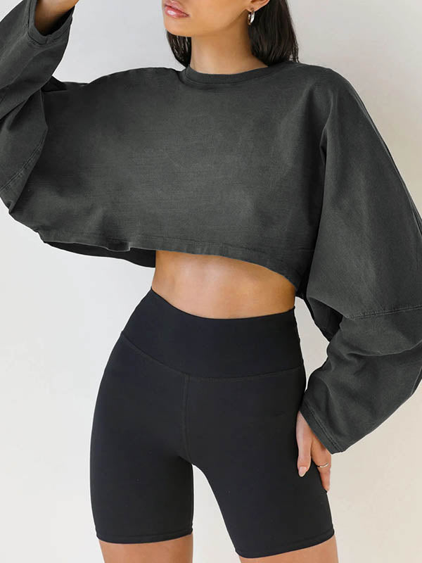 Solid Color Split-Joint Long Sleeves Loose Round-Neck Sweatshirt Tops