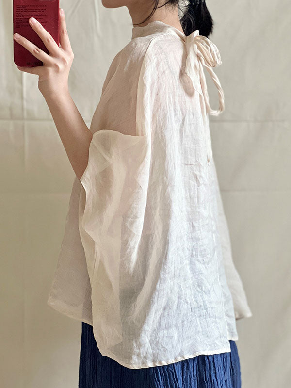 Lace-Up See-Through Solid Color Batwing Sleeves Loose Stand Collar Shirts Tops