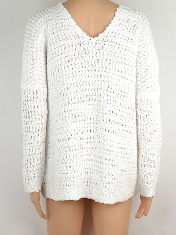 Hollow Solid Color Long Sleeves Loose Round-Neck Sweater Tops Pullovers Knitwear