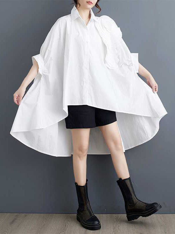 Asymmetric Buttoned Pleated Solid Color Three-Dimensional Flower Batwing Sleeves Half Sleeves Lapel Blouses&Shirts Tops