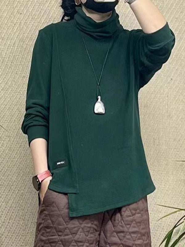Asymmetric Solid Color Long Sleeves Loose High Neck T-Shirts Tops