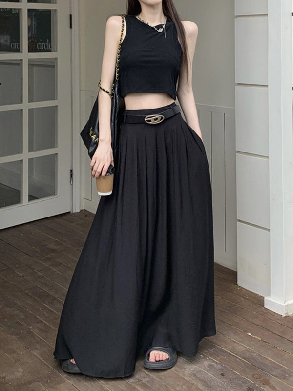 Belted Pleated Pockets Solid Color High Waisted Loose Skirts Bottoms