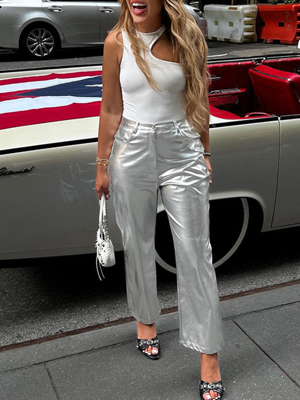 Buttoned Pockets Shiny Solid Color High Waisted Trousers Pants