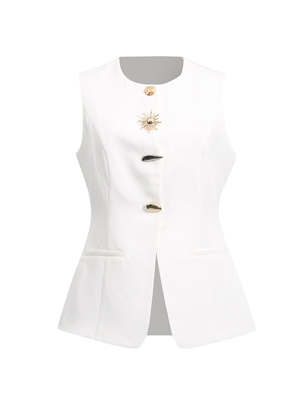 Buttoned Pockets Sleeveless Round-Neck Tank Top