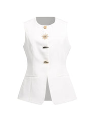 Buttoned Pockets Sleeveless Round-Neck Tank Top