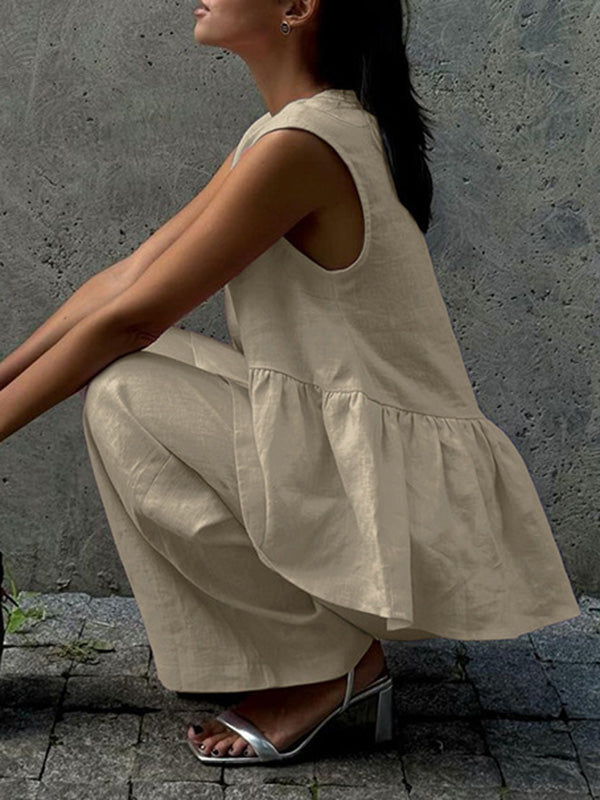Loose Split-Joint Sleeveless Pleated V-neck Vest + Pants Trousers Two Pieces Set