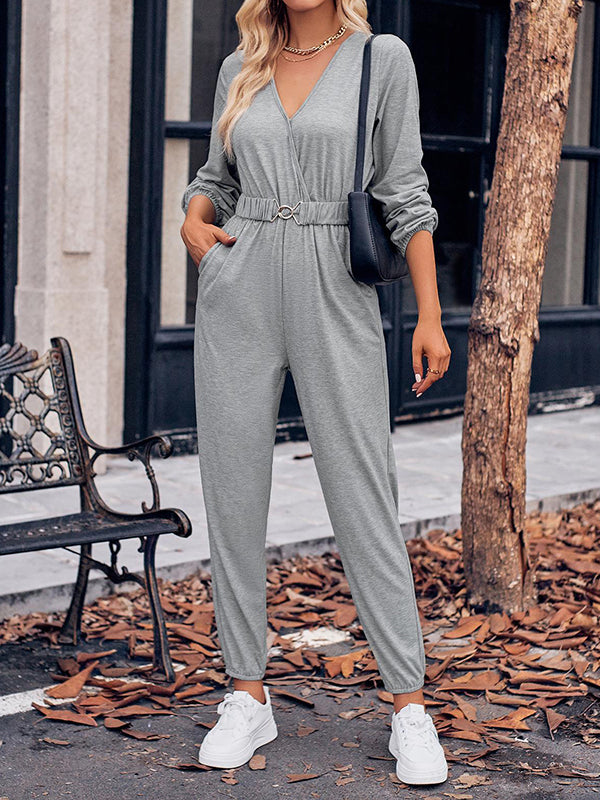 Belted Elasticity Long Sleeves V-neck Jumpsuits