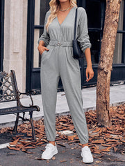 Belted Elasticity Long Sleeves V-neck Jumpsuits