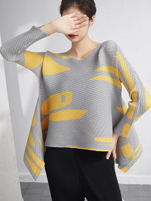 Casual Irregularity Loose Printed Pleated Round-Neck T-Shirts Tops